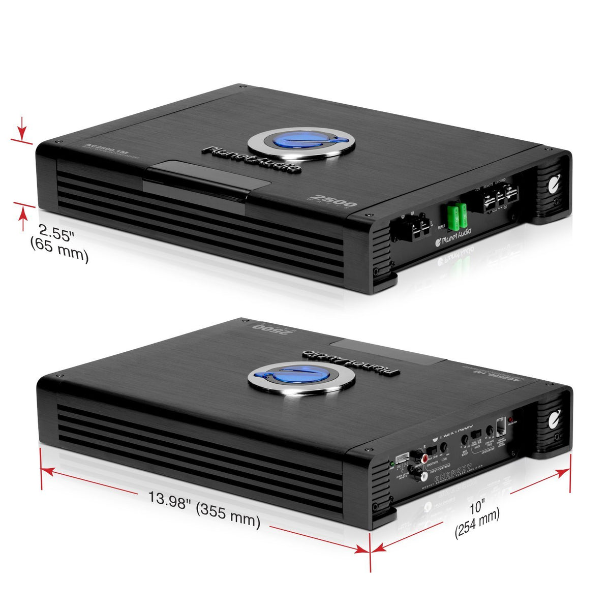 Planet Audio AC2500.1M top label emphasizing 2500W max power at 2 ohms