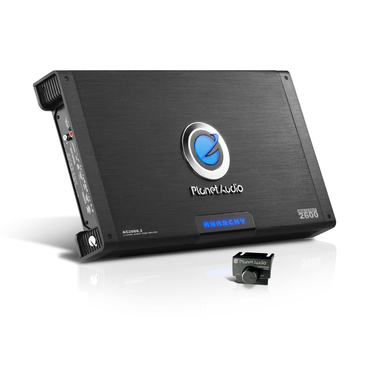 Planet Audio AC2600.2 Anarchy front panel with controls for precise tuning