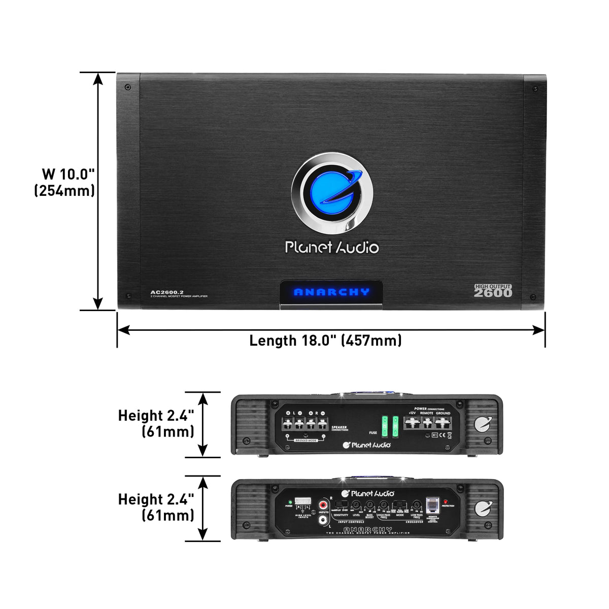 Planet Audio AC2600.2 Anarchy inputs support factory or aftermarket connections