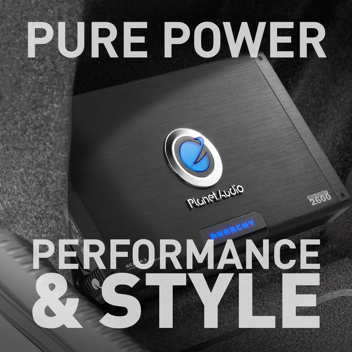 Planet Audio AC2600.2 Anarchy side-angle view highlights compact chassis and heat management