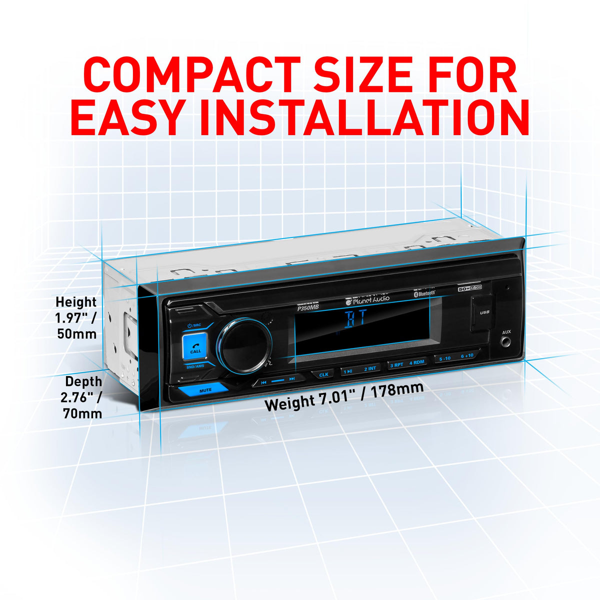 Planet Audio unit in vehicle dash to show scale and simple installation compatibility