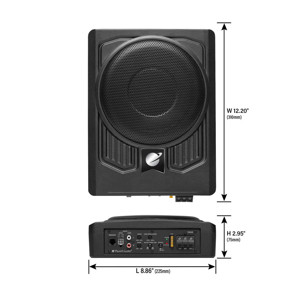 Planet Audio P8AWK in a trunk enclosure demonstrates versatile mounting for trucks and spaces.