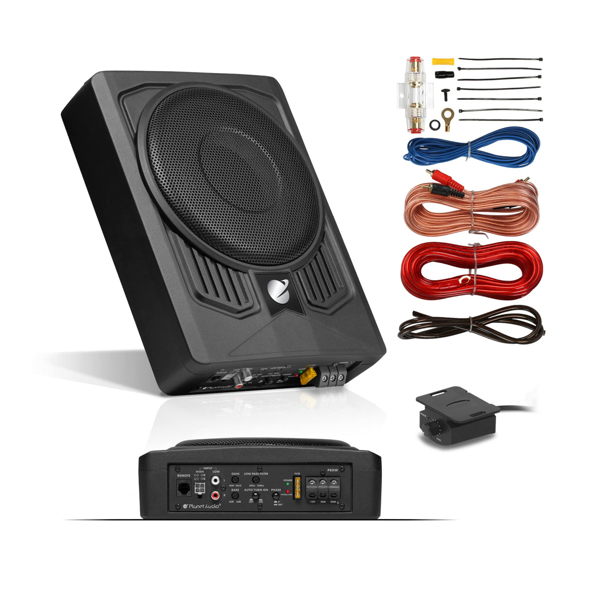 Planet Audio P8AWK under-seat subwoofer installation view showing compact fit and cable routing.
