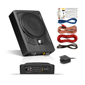 Planet Audio P8AWK under-seat subwoofer installation view showing compact fit and cable routing.