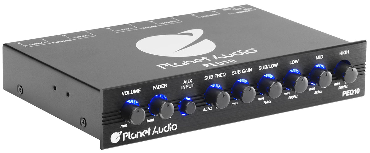 Planet Audio PEQ10 close-up of EQ knobs highlighting easy adjustability