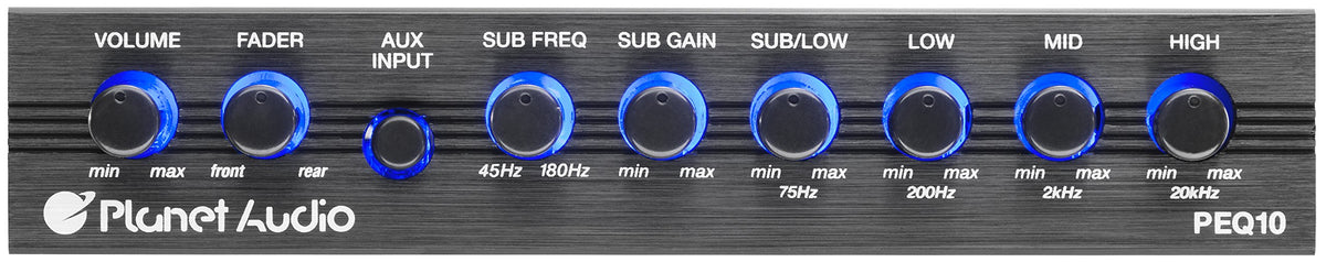 Planet Audio PEQ10 front panel showing controls for precise tone shaping