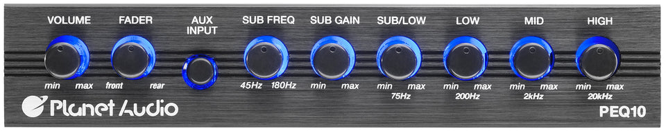 Planet Audio PEQ10 front panel showing controls for precise tone shaping