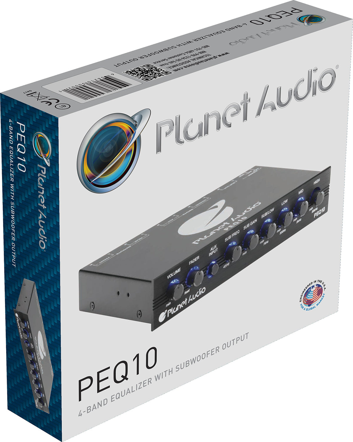 Planet Audio PEQ10 packaging and manual showing warranty and accessory inclusion