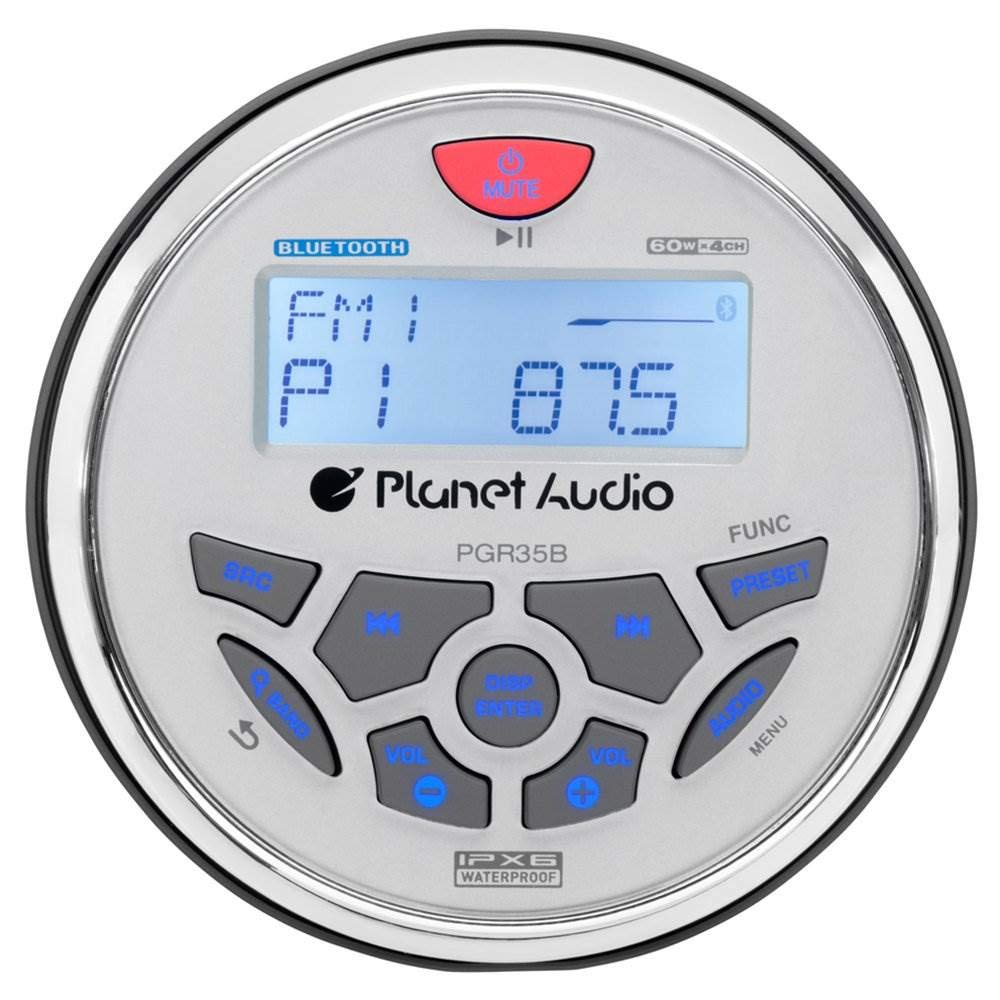 Planet Audio PGR35B Bluetooth icon indicating wireless streaming at sea.