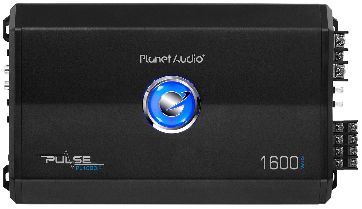 Planet Audio PL1600.4 front panel with blue illumination for easy on-dash control.
