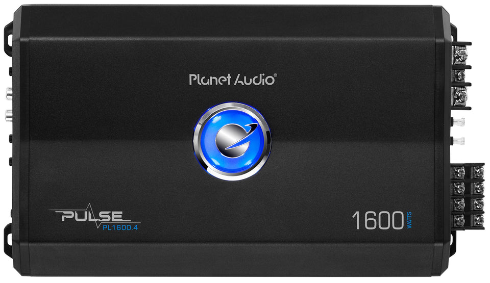 Planet Audio PL1600.4 front panel with blue illumination for easy on-dash control.