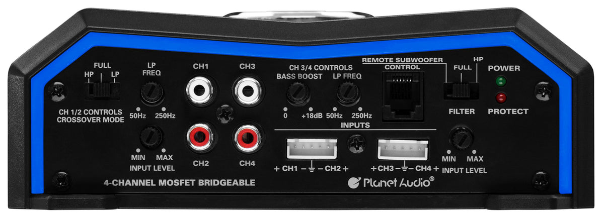 Planet Audio PL1600.4 wiring inputs with high and low level options.