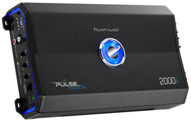 Planet Audio PL2000.1M blue-illuminated-logo close-up shows premium build and brand visibility.