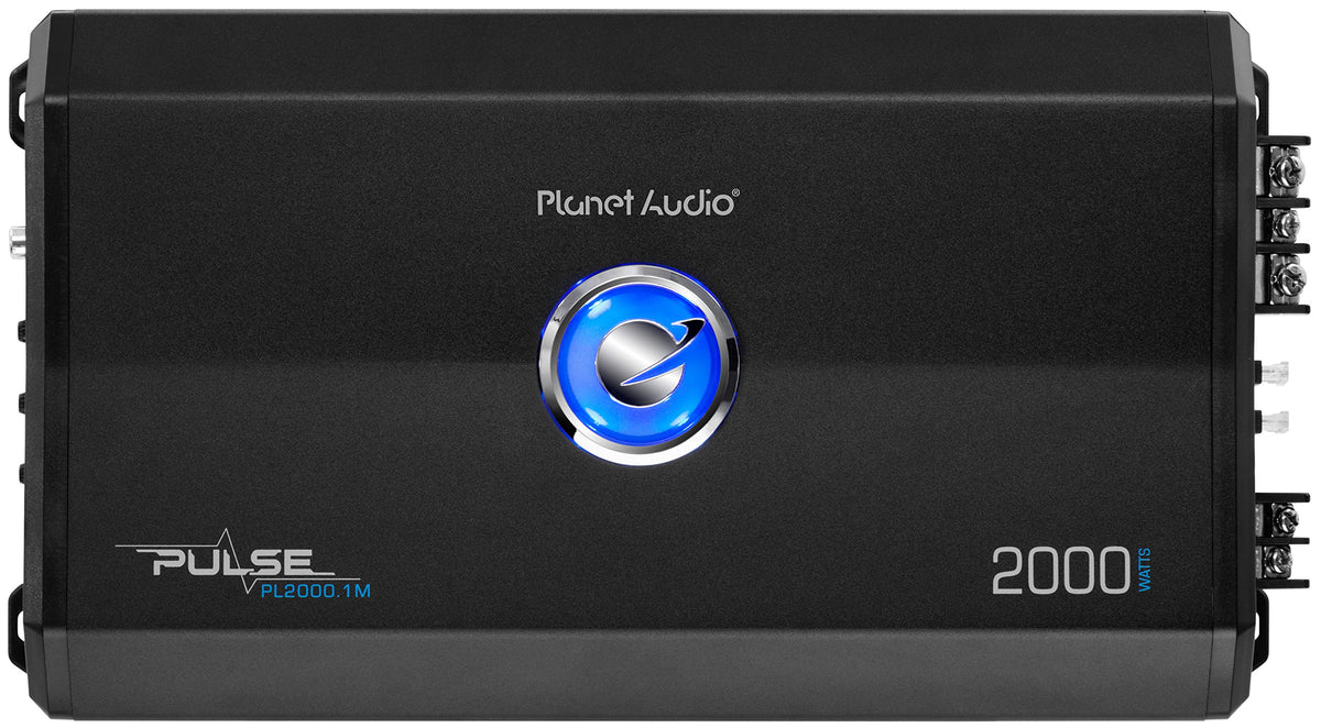 Planet Audio PL2000.1M front panel with blue LEDs enhances night-drive aesthetics and easy power identification.