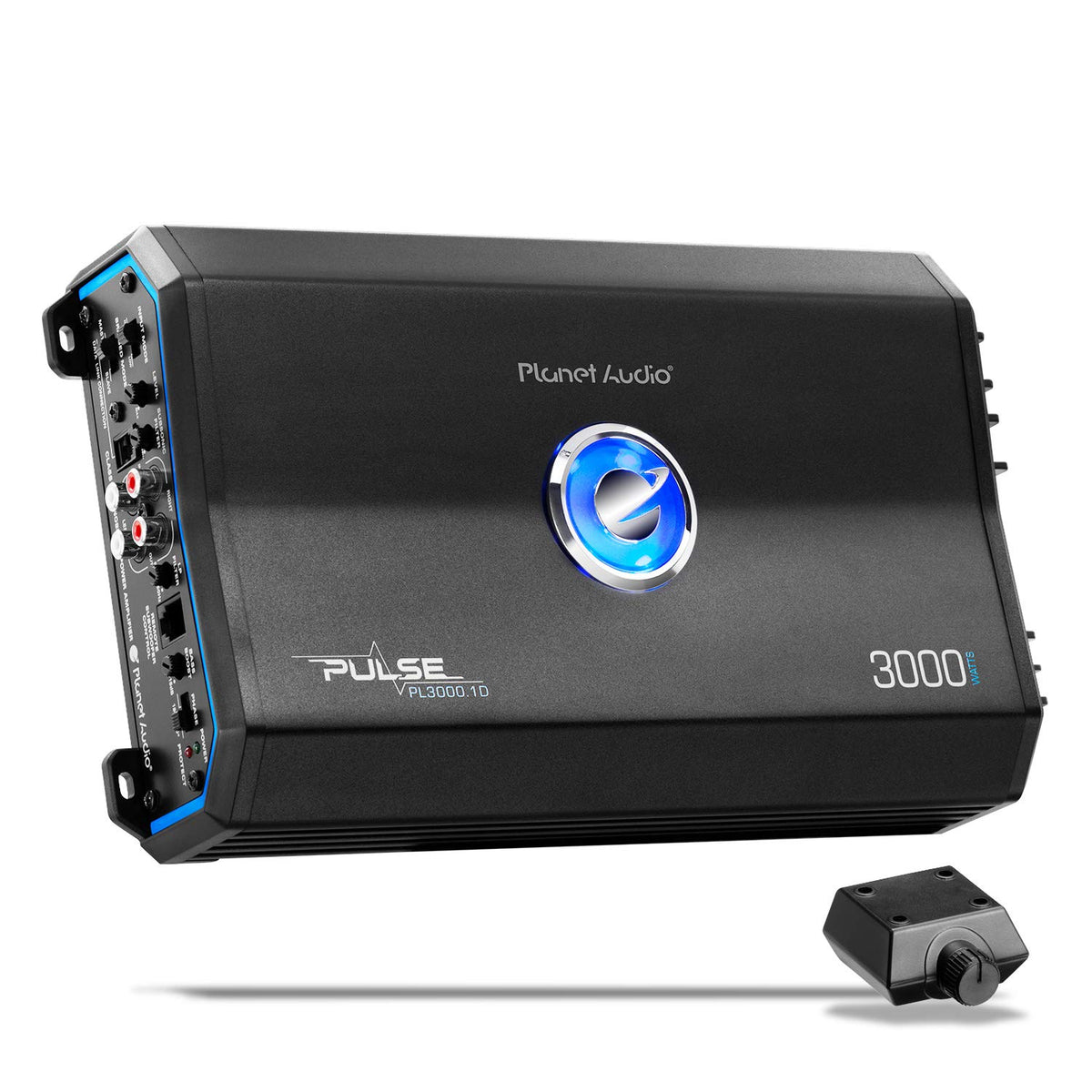 Planet Audio PL3000.1D with blue end panel lights enhances car audio setup