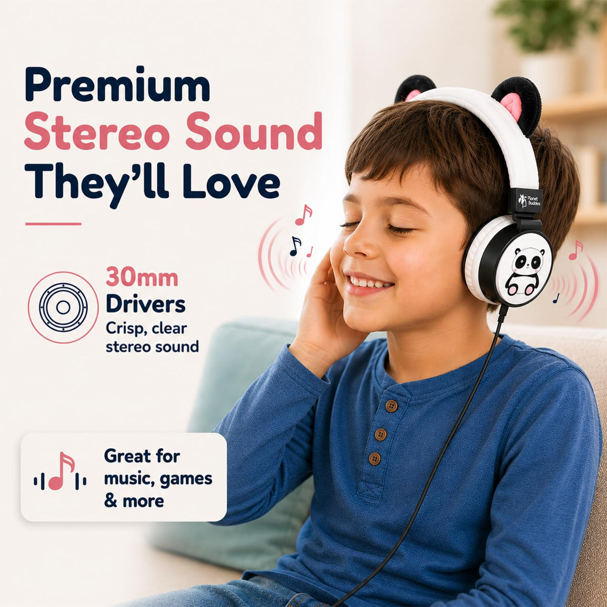 Planet Buddies Panda 30mm drivers deliver clear audio for kids