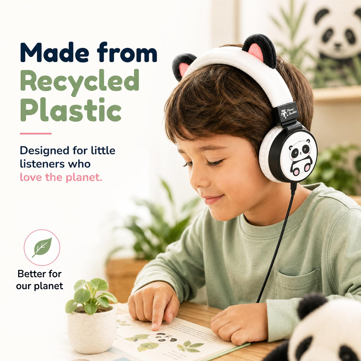 Planet Buddies Panda headphones made from recycled plastic for eco-friendly design