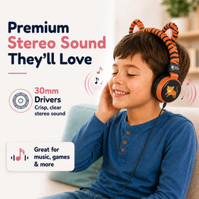 Planet Buddies Tiger headphones with 3.5mm jack compatible with tablets and laptops.