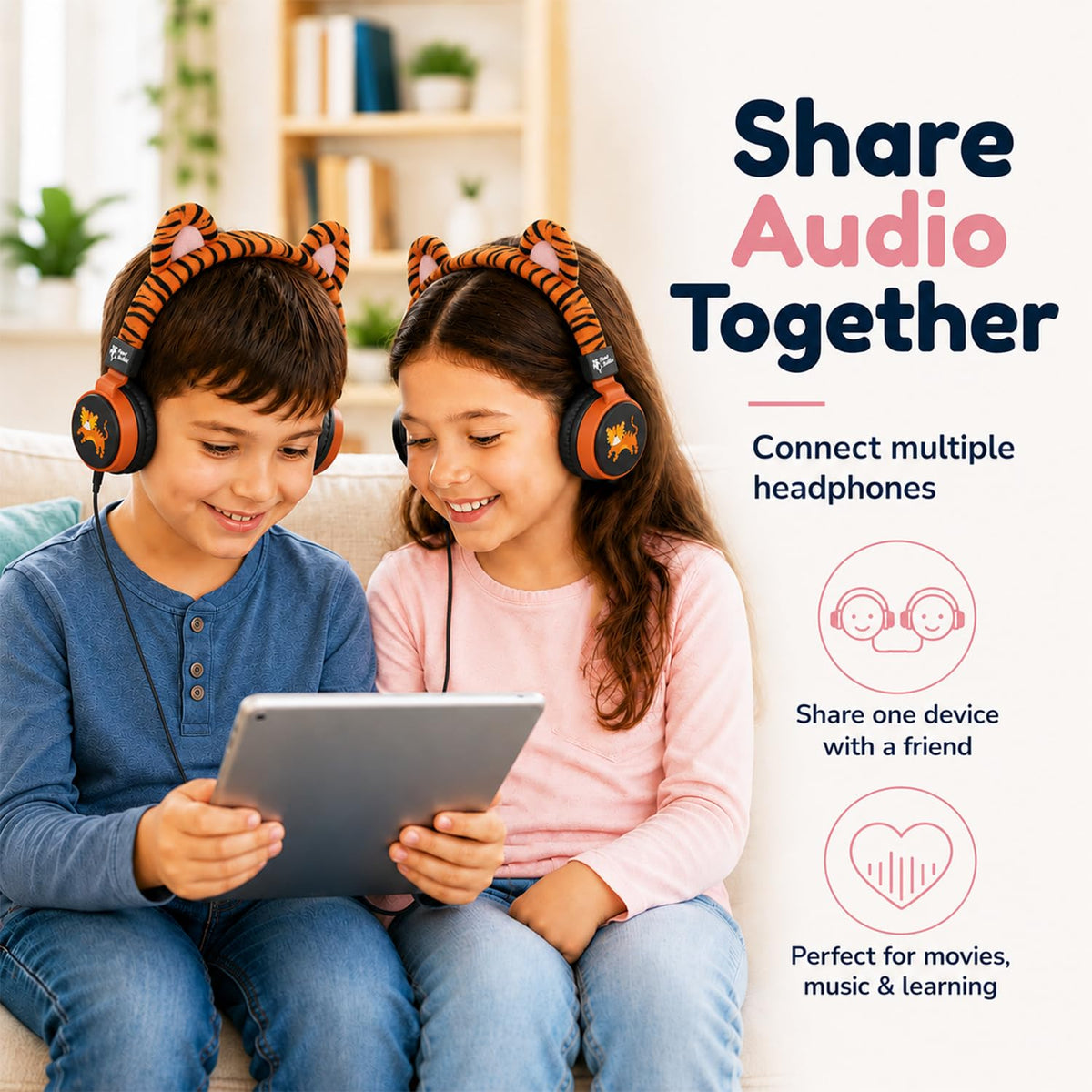 Planet Buddies Tiger headphones display 85dB limit for safer listening during lessons.