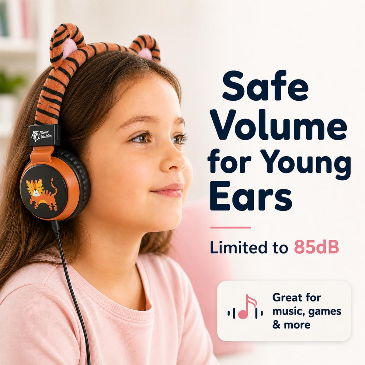 Planet Buddies Tiger headphones folded for travel, compact and easy to stash in a backpack.