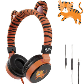 Planet Buddies Tiger headphones worn by a kid for school listening with safe 85dB limit.