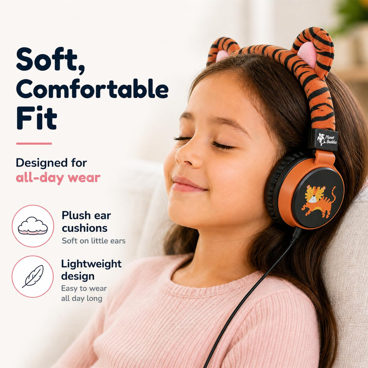 Planet Buddies Tiger headphones with built-in microphone ready for online classes and calls.