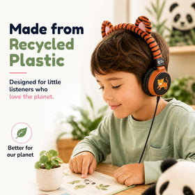 Planet Buddies Tiger headphones made from recycled plastic, supporting eco-conscious choices.