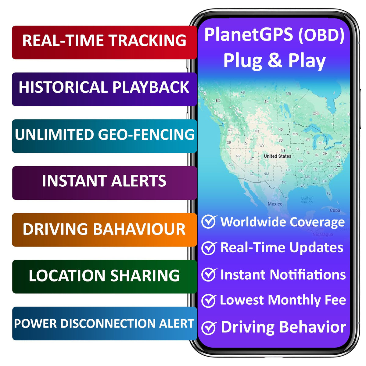 PlanetGPS diagnostics dashboard displays fuel level and RPM for vehicle insight.