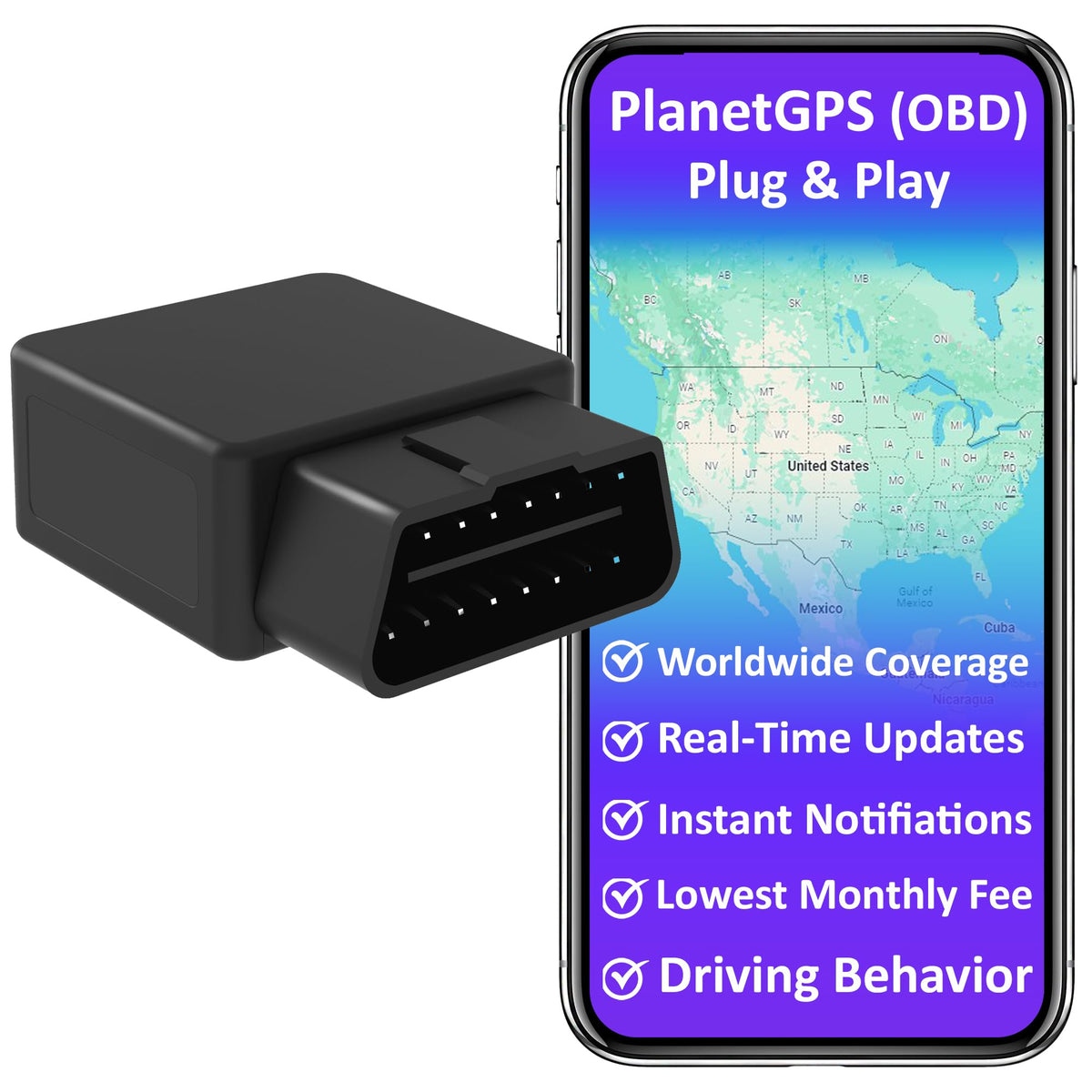 PlanetGPS OBD device connected to a vehicle for real-time tracking.