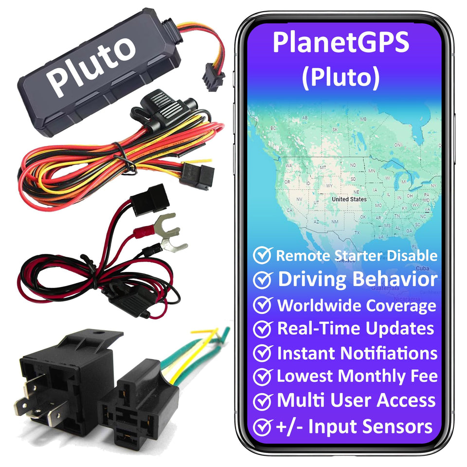 PlanetGPS Pluto tracker device installed in a vehicle for real-time monitoring.
