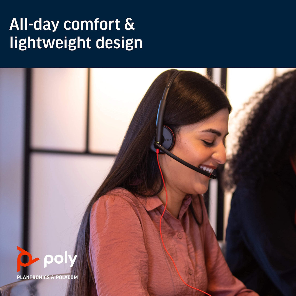 Plantronics Blackwire C3220 worn by user in home office for improved meeting comfort and clarity