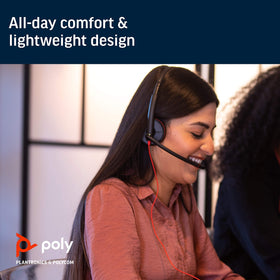 Plantronics Blackwire C3220 worn by user in home office for improved meeting comfort and clarity