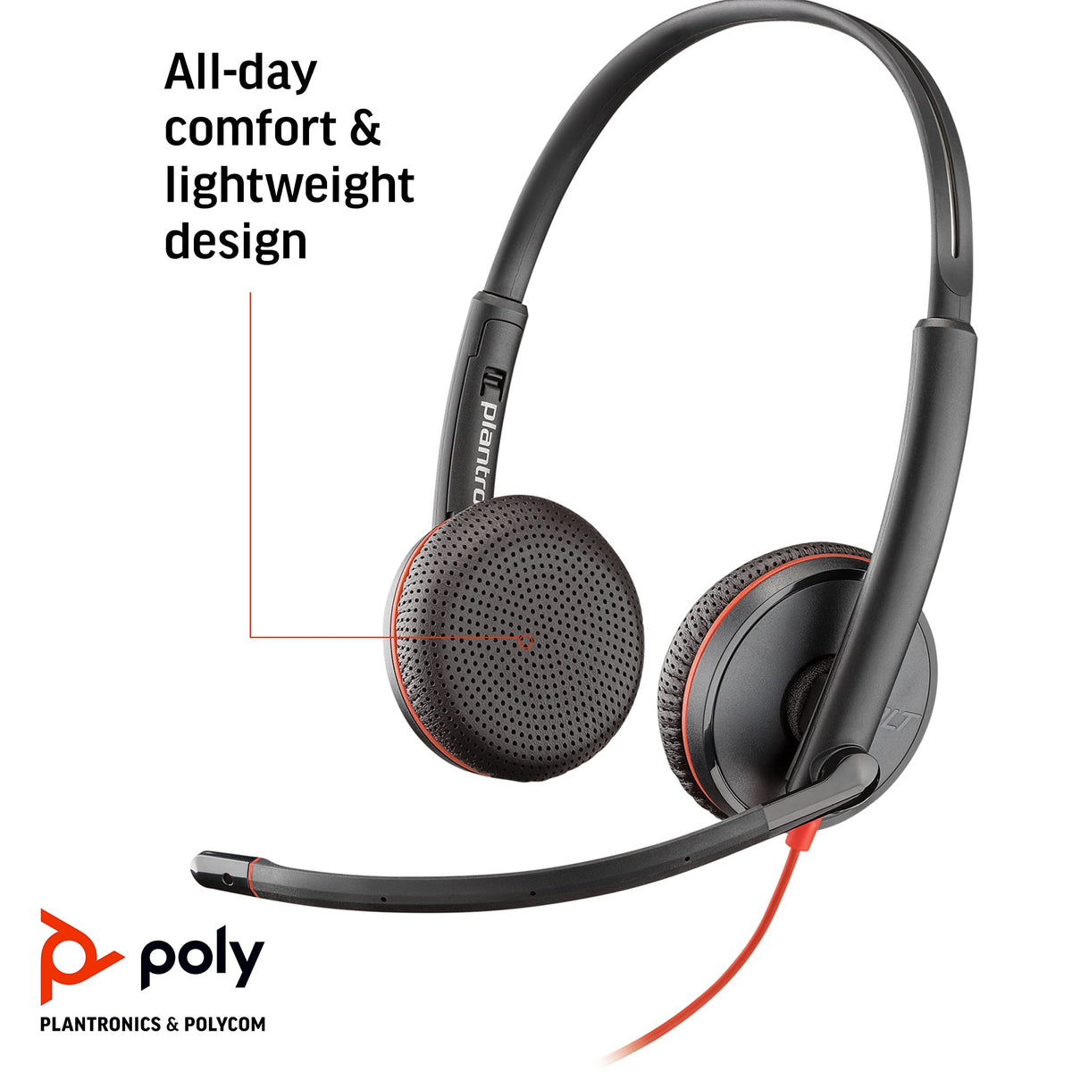 Plantronics Blackwire C3225 connected to laptop demonstrating plug‑and‑play productivity benefit