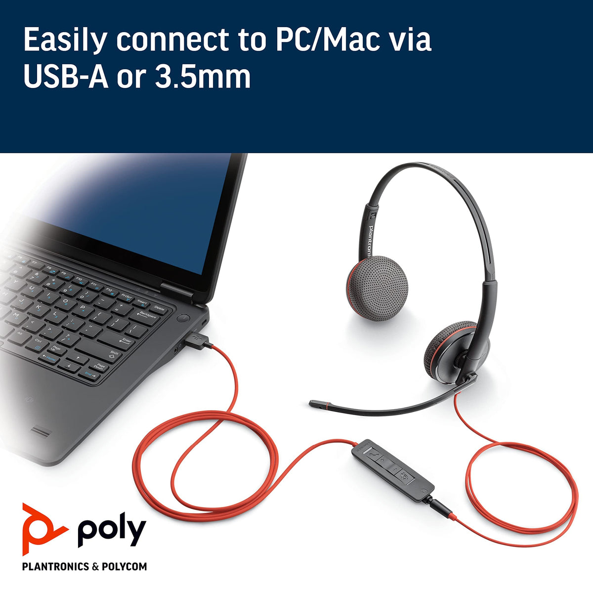 Plantronics Blackwire C3225 ear cushion detail showing soft pads for all‑day comfort benefit