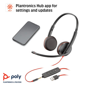 Plantronics Blackwire C3225 next to coffee cup for size and scale, showing lightweight portability benefit