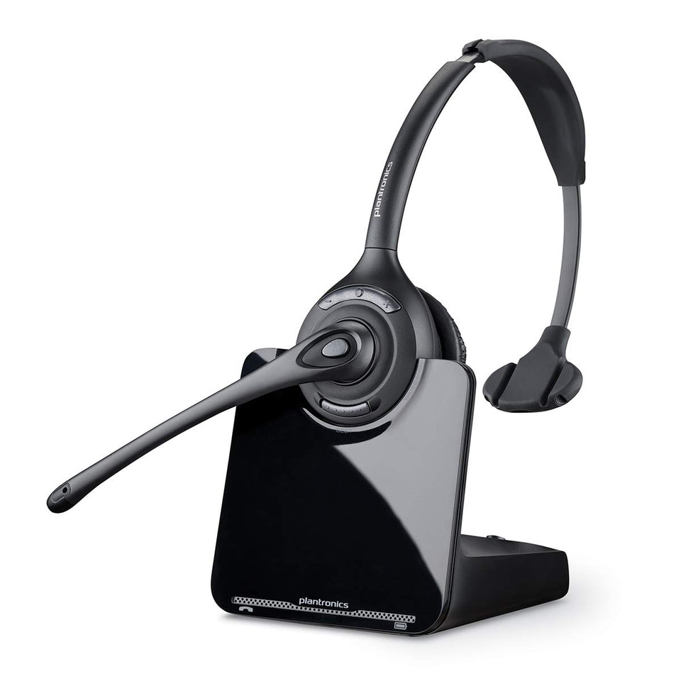 Plantronics CS510 monaural headset on charging base for easy charging.