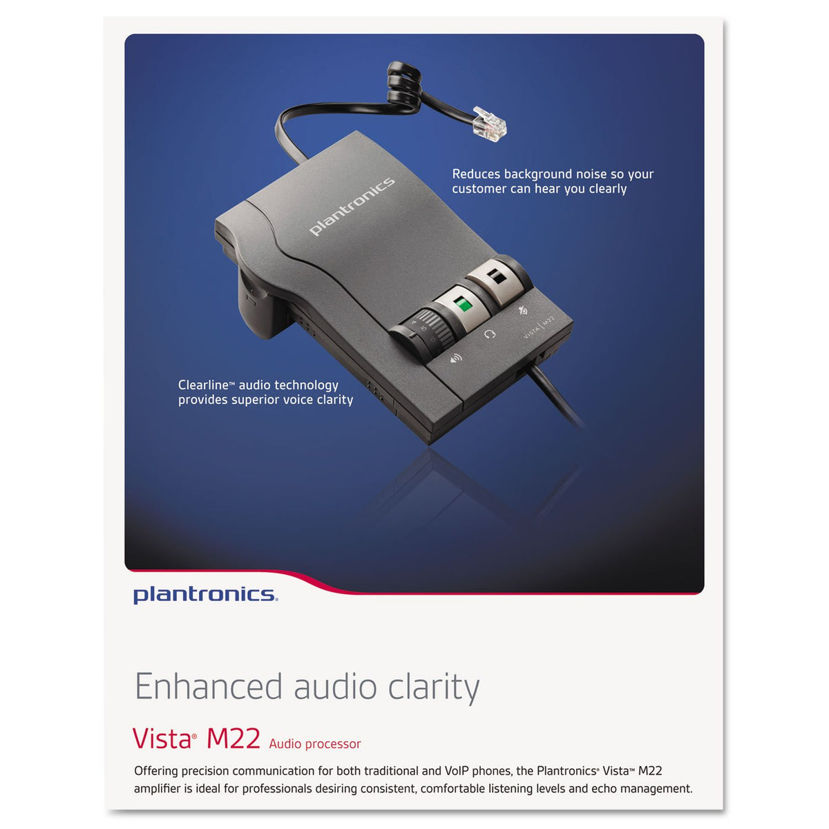 Plantronics M22 connected between phone handset and headset in office demonstrating compatibility