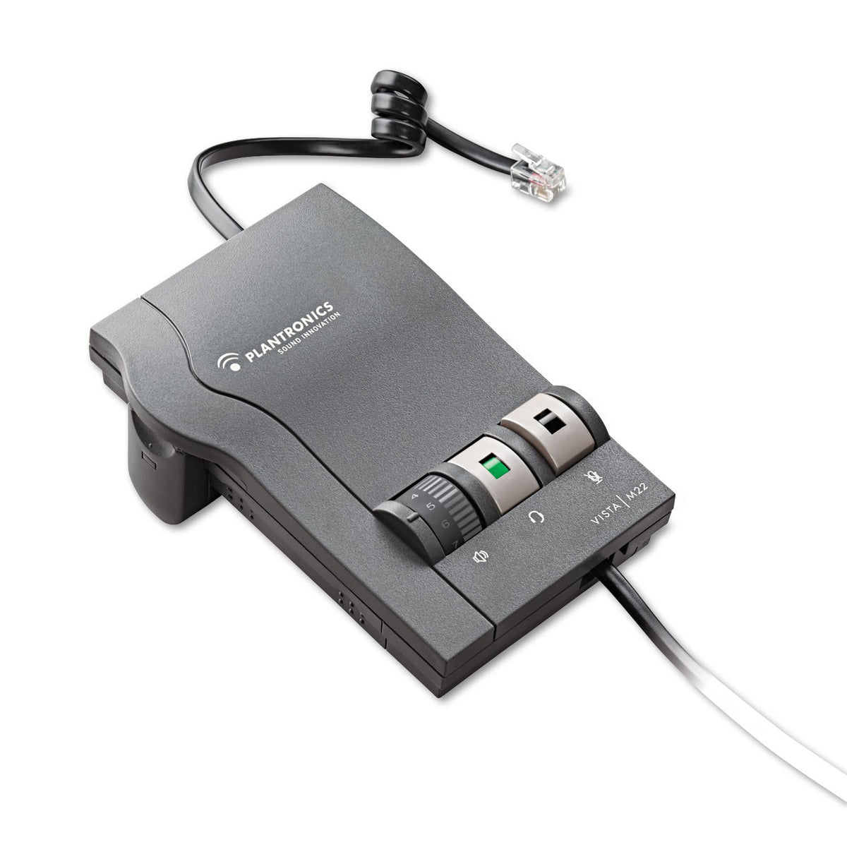 Plantronics M22 front panel showing controls and ports for easy volume adjustment