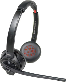 Plantronics Savi 8200 headset close-up showing mute indicator and controls.