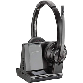 Plantronics Savi 8200 headset on desk demonstrates three-way PC/mobile/desk phone connectivity for efficient calls.