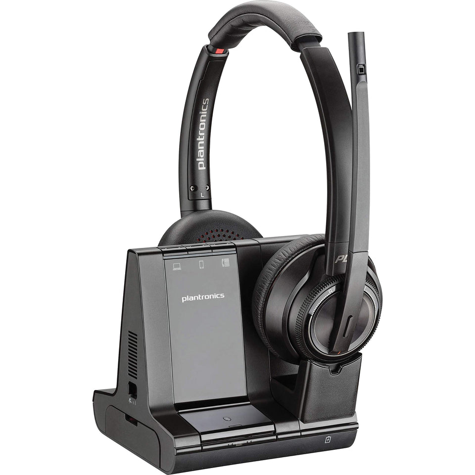Plantronics Savi 8200 headset on desk demonstrates three-way PC/mobile/desk phone connectivity for efficient calls.