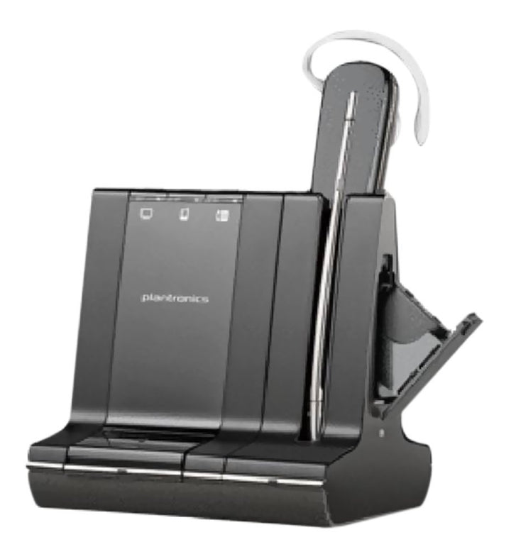 Plantronics Savi W745 headset on desk for seamless office calls.