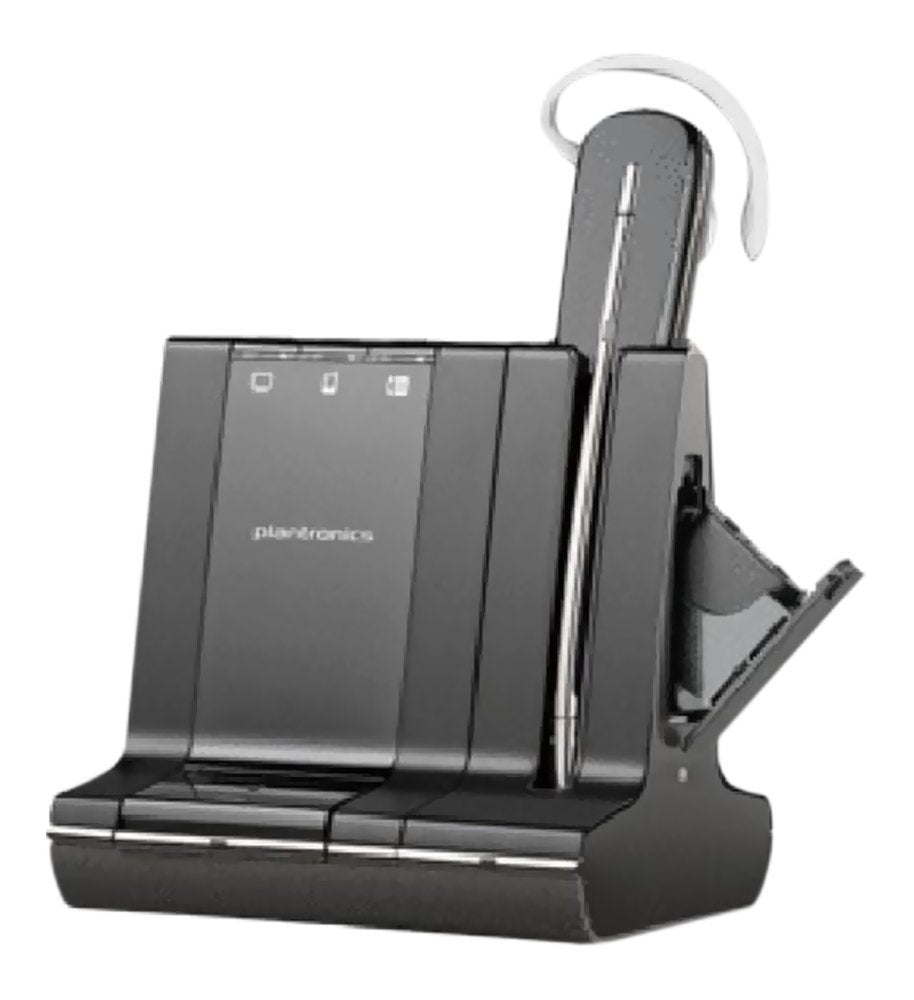 Plantronics Savi W745 headset on desk for seamless office calls.