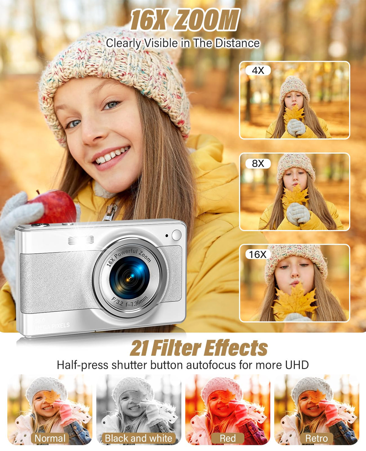 Platstudy kids camera 16x zoom in action for indoor and outdoor scenes.