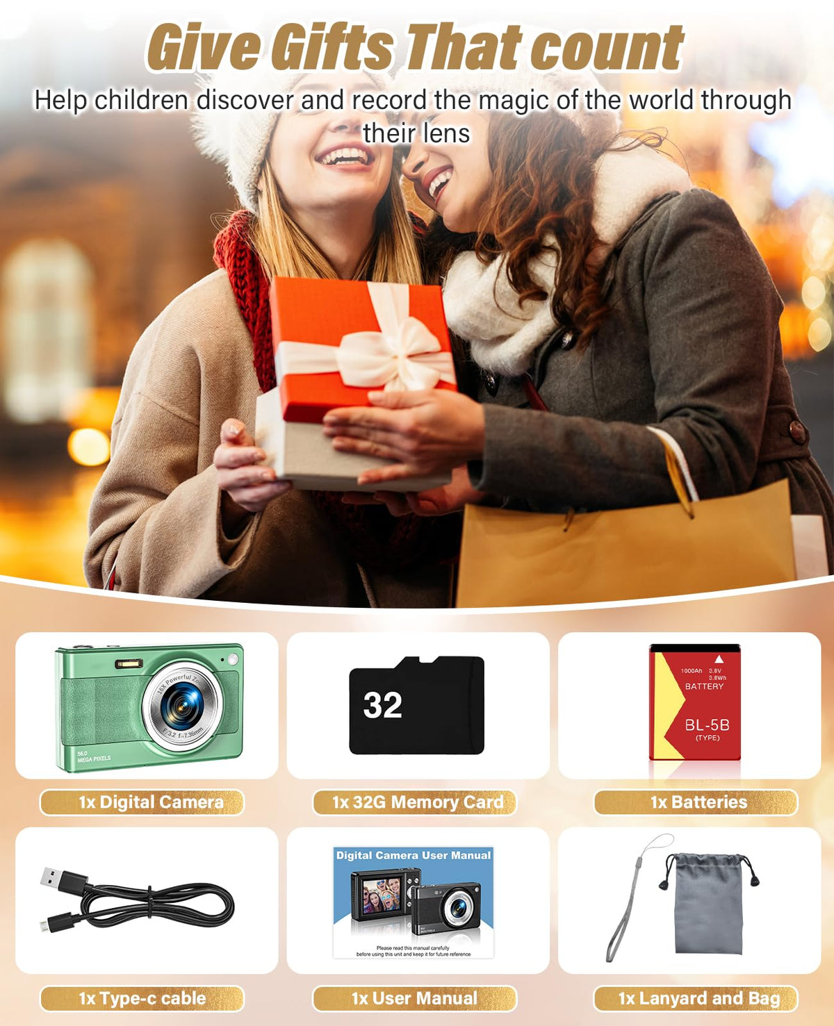 Platstudy Kids Camera compact design fits in backpacks with a 32GB card.