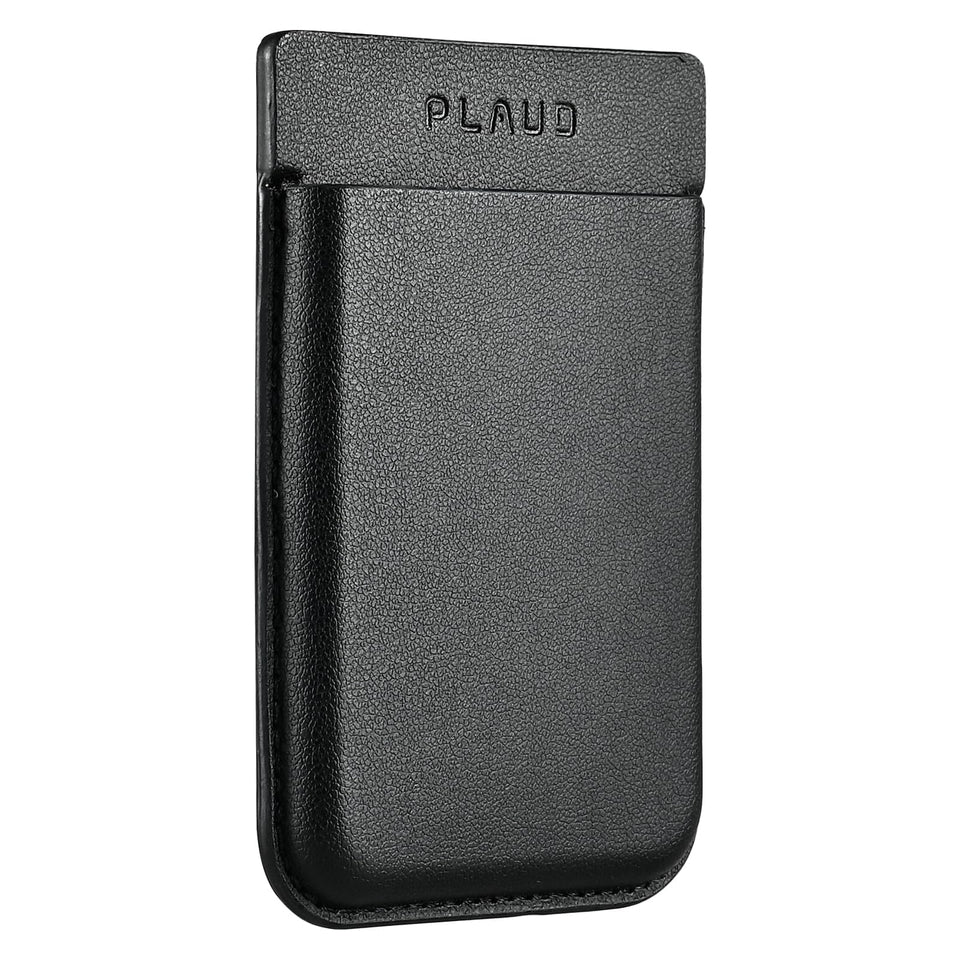 Plaud Note magnetic leather case attached to phone back for hands-free carrying.
