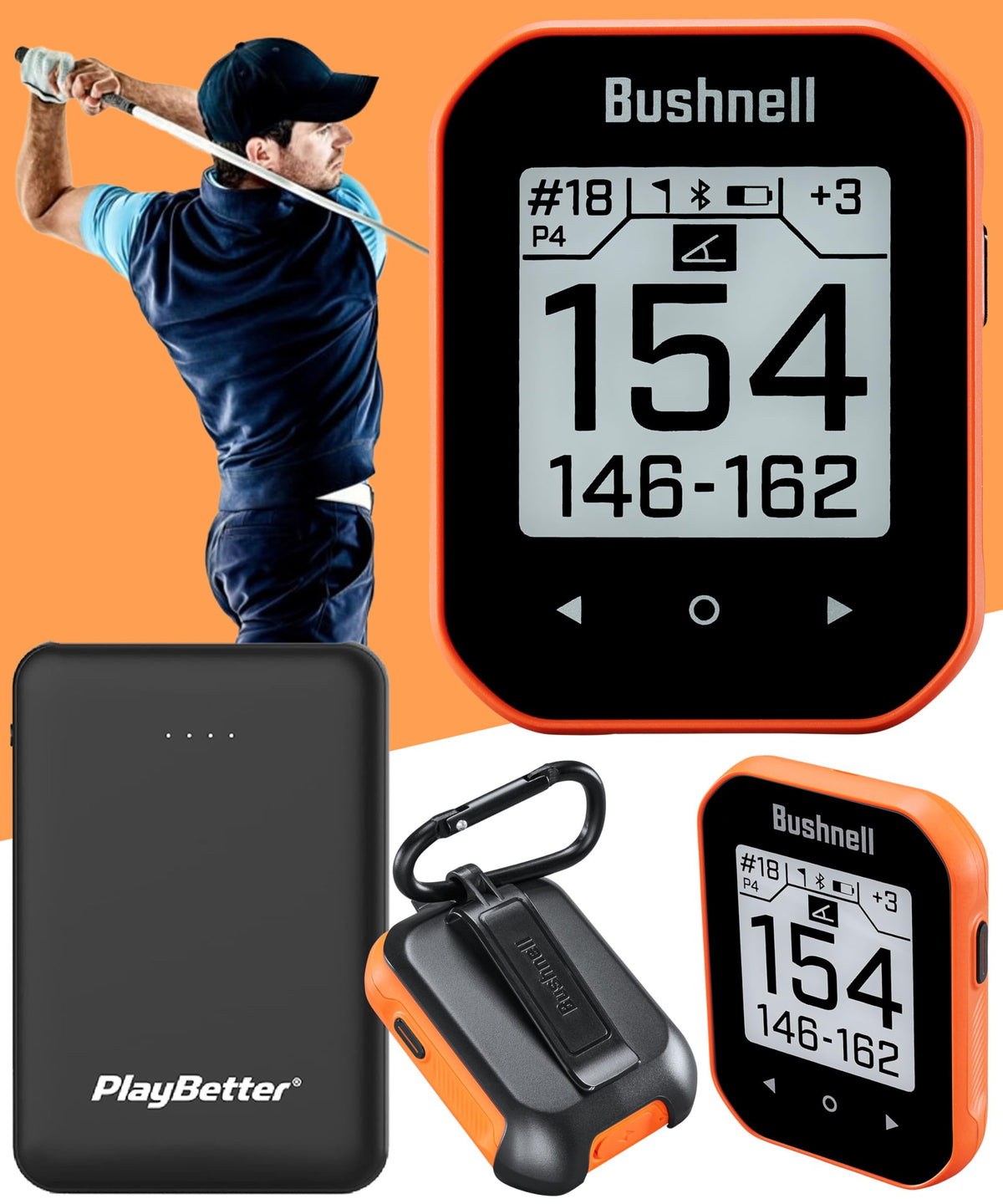 PlayBetter Bushnell Phantom 3 orange display shows slope-accurate distances on the go