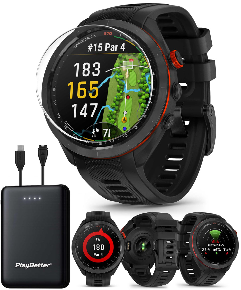 PlayBetter Garmin Approach S70 on wrist with AMOLED display for easy on-course navigation
