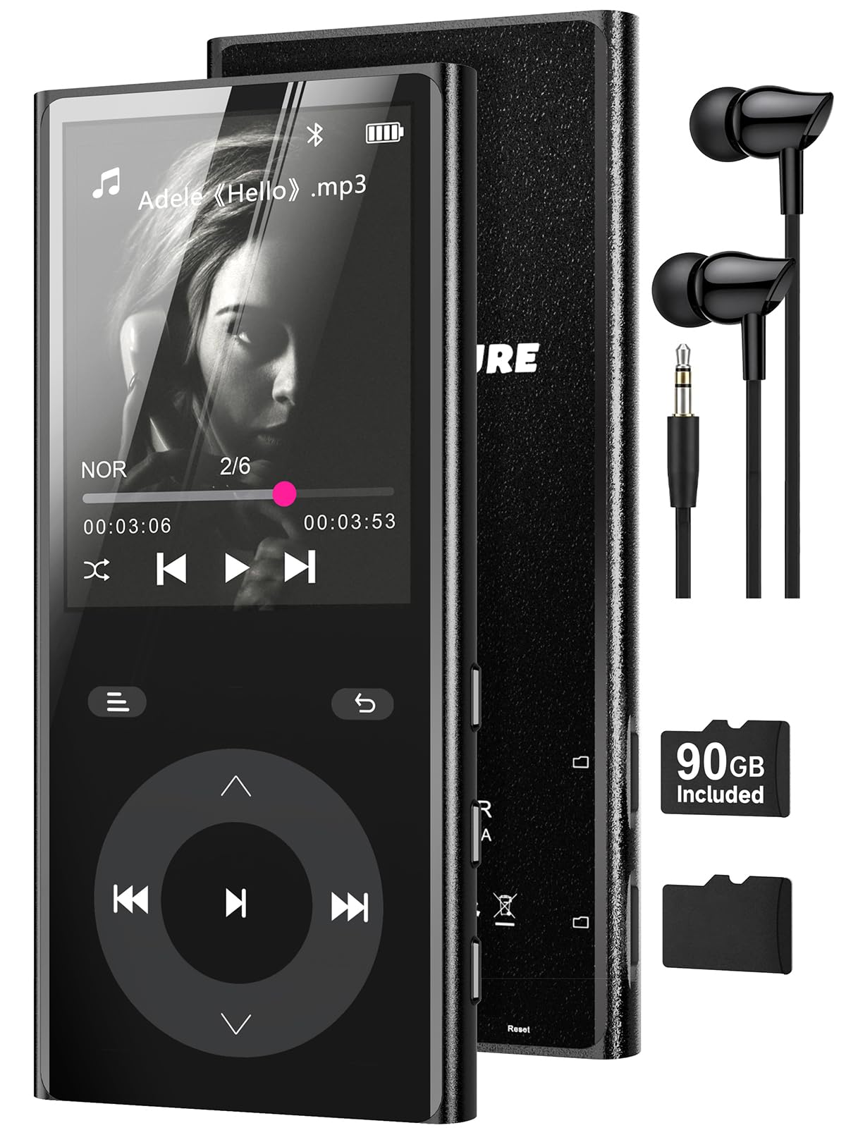 PlayerPure front view showing device and included 90GB TF card, clear storage benefit