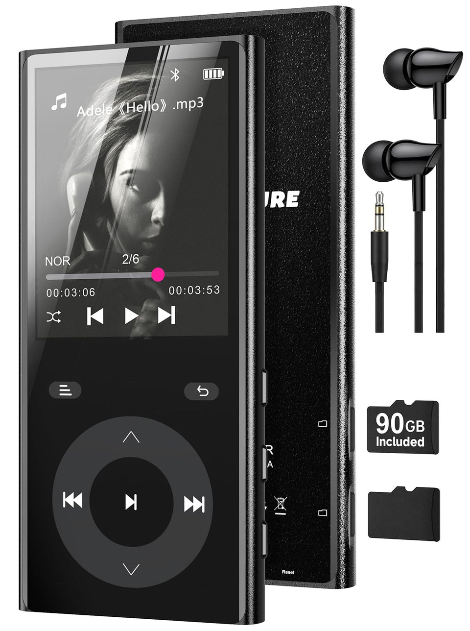 PlayerPure front view showing device and included 90GB TF card, clear storage benefit